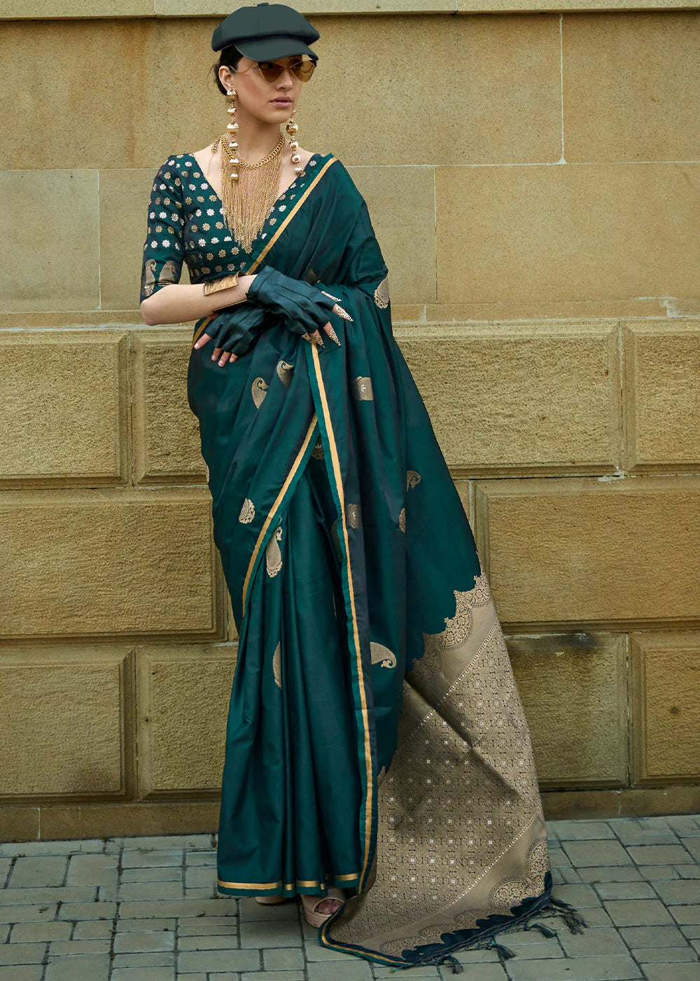 SACRAMENTO GREEN Pure Satin Handloom Weaving Silk SAREE