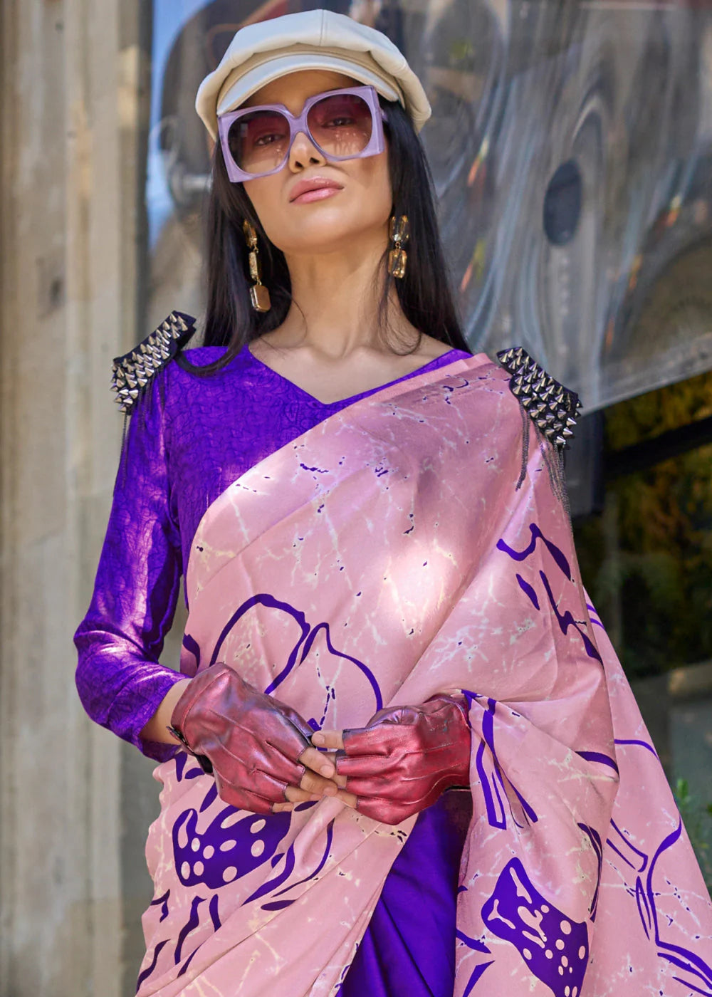 BLUE & PINK CONTEMPORARY PRINTED SATIN CREPE SAREE