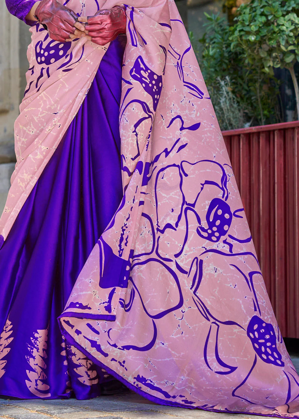 BLUE & PINK CONTEMPORARY PRINTED SATIN CREPE SAREE