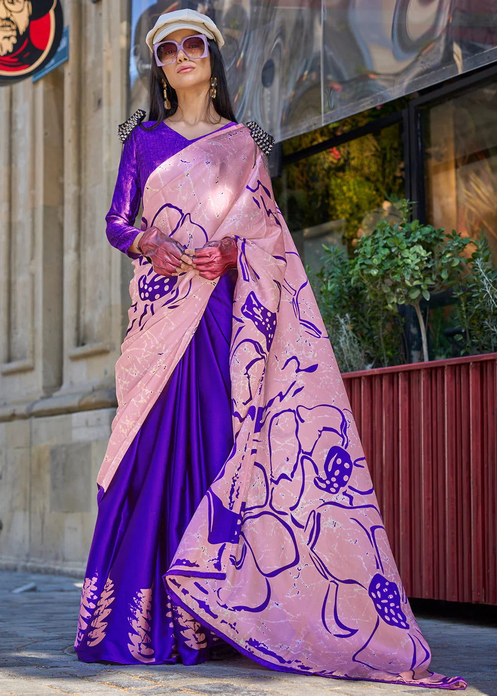 BLUE & PINK CONTEMPORARY PRINTED SATIN CREPE SAREE