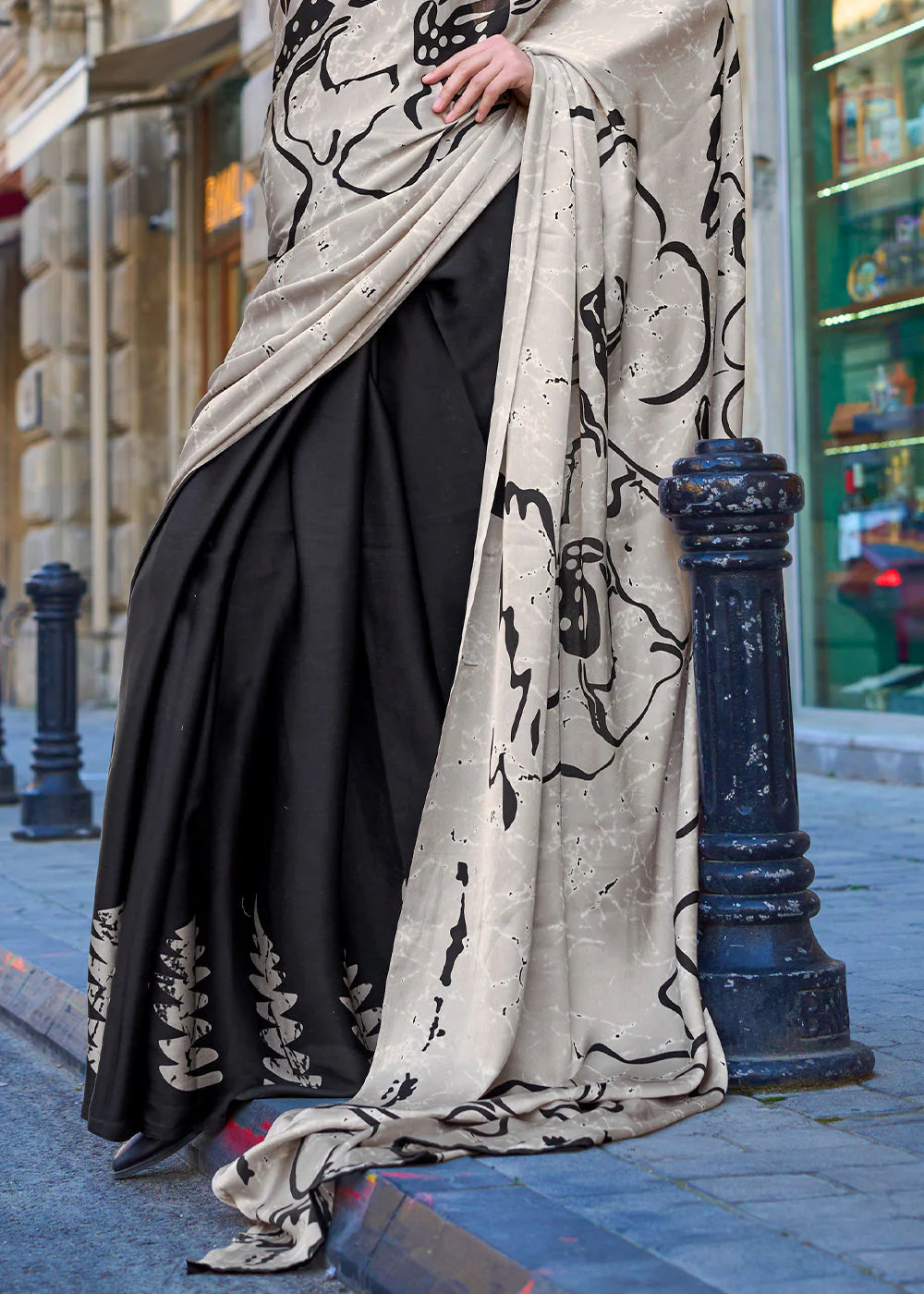 CREEM & BLACK CONTEMPORARY PRINTED SATIN CREPE SAREE