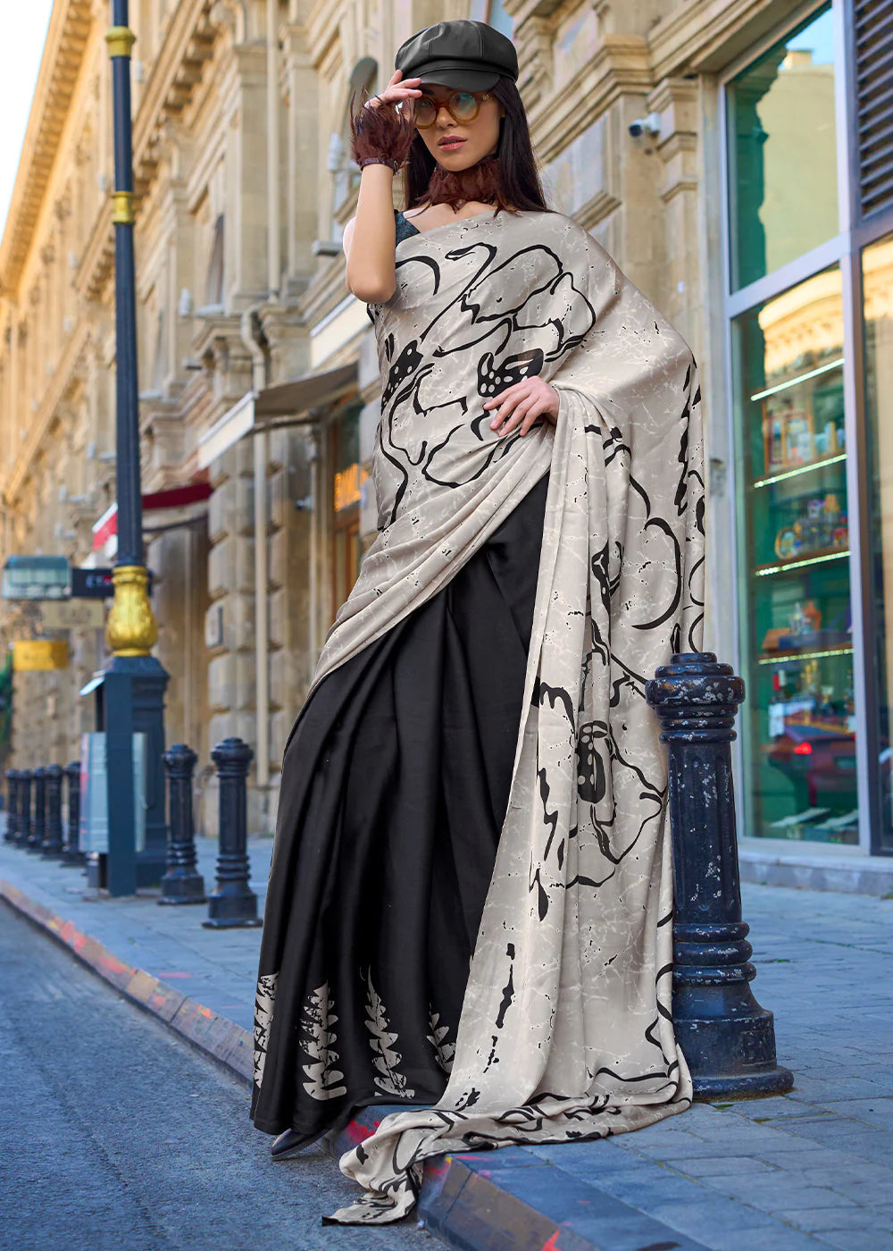 CREEM & BLACK CONTEMPORARY PRINTED SATIN CREPE SAREE