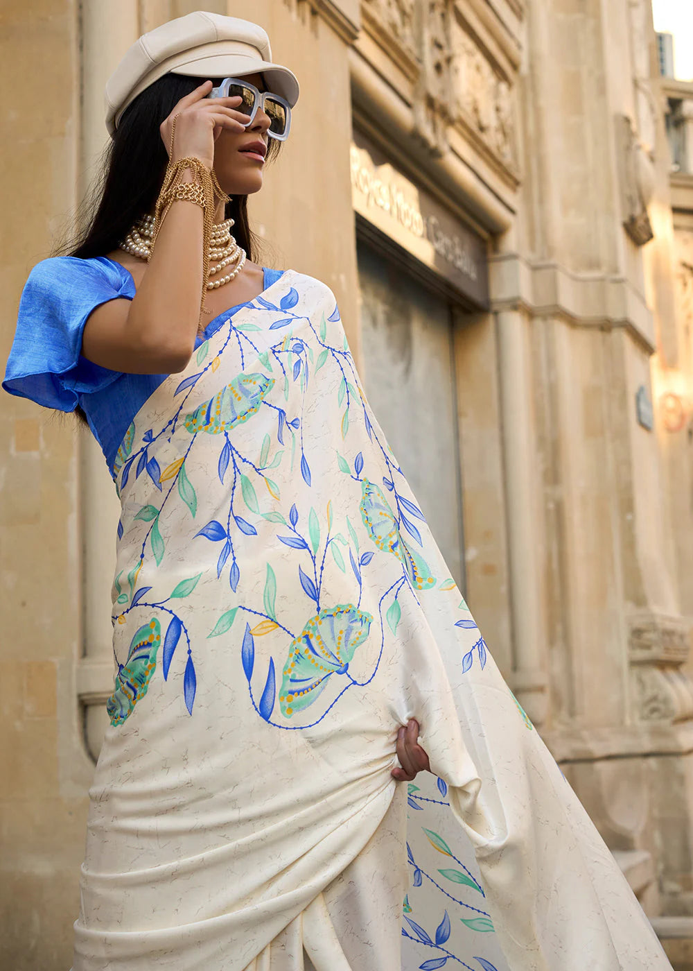 CREAM & LIGHT BLUE CONTEMPORARY PRINTED SATIN CREPE SAREE