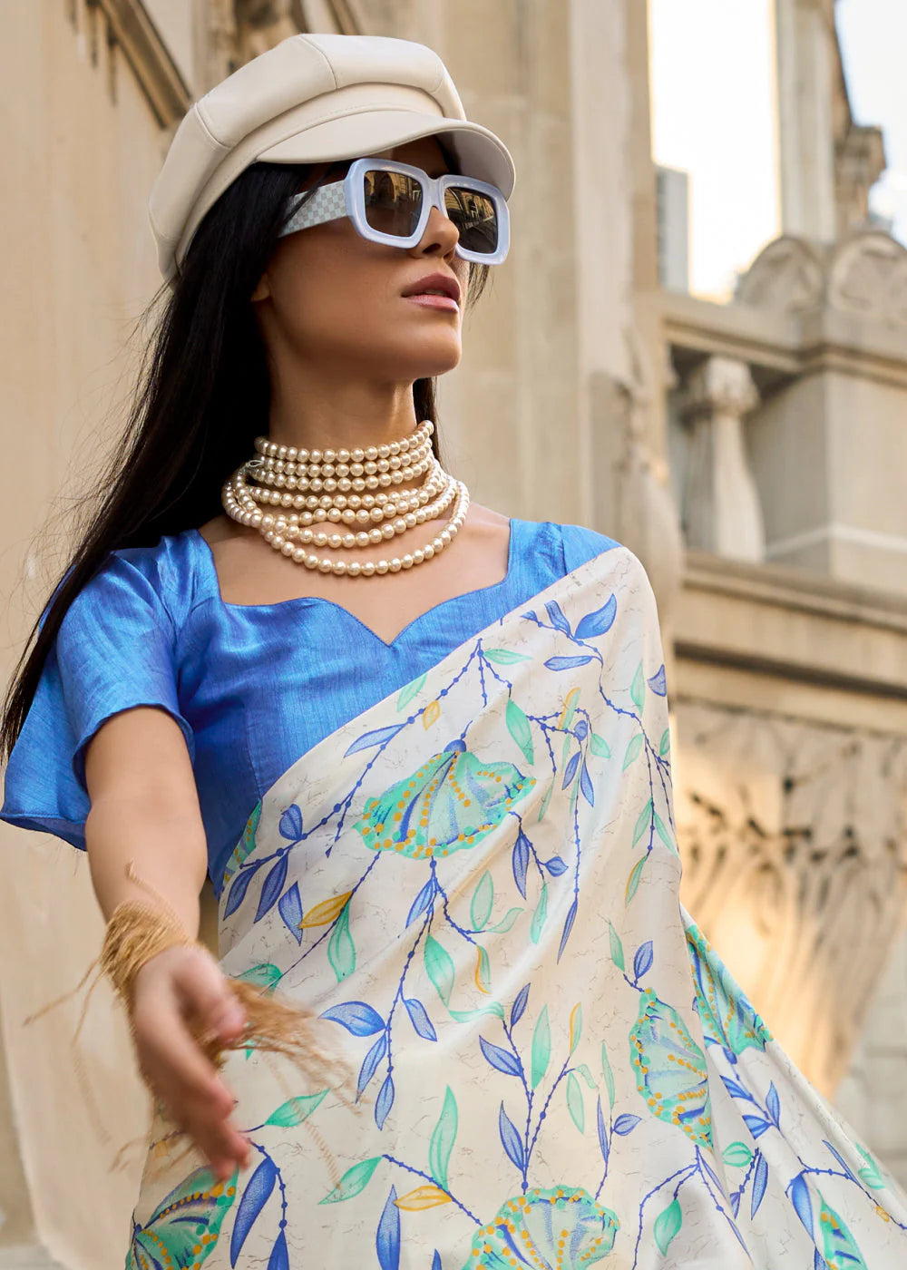 CREAM & LIGHT BLUE CONTEMPORARY PRINTED SATIN CREPE SAREE