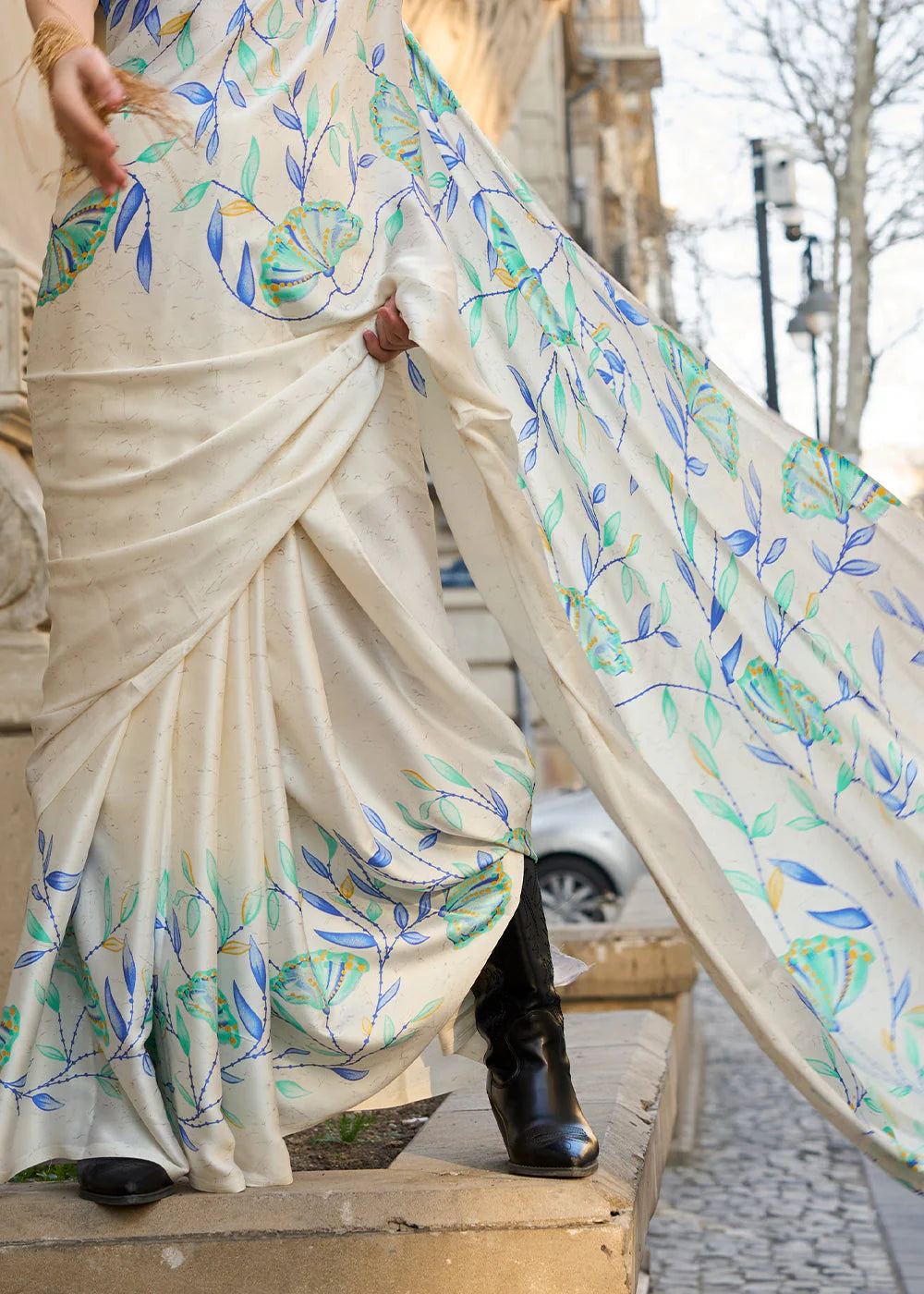 CREAM & LIGHT BLUE CONTEMPORARY PRINTED SATIN CREPE SAREE