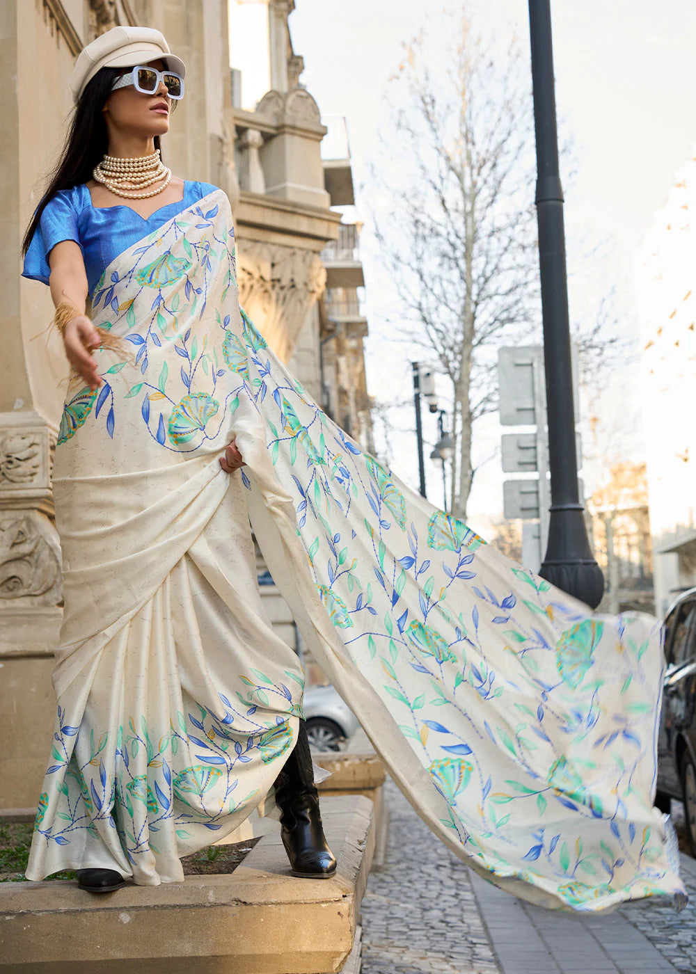 CREAM & LIGHT BLUE CONTEMPORARY PRINTED SATIN CREPE SAREE