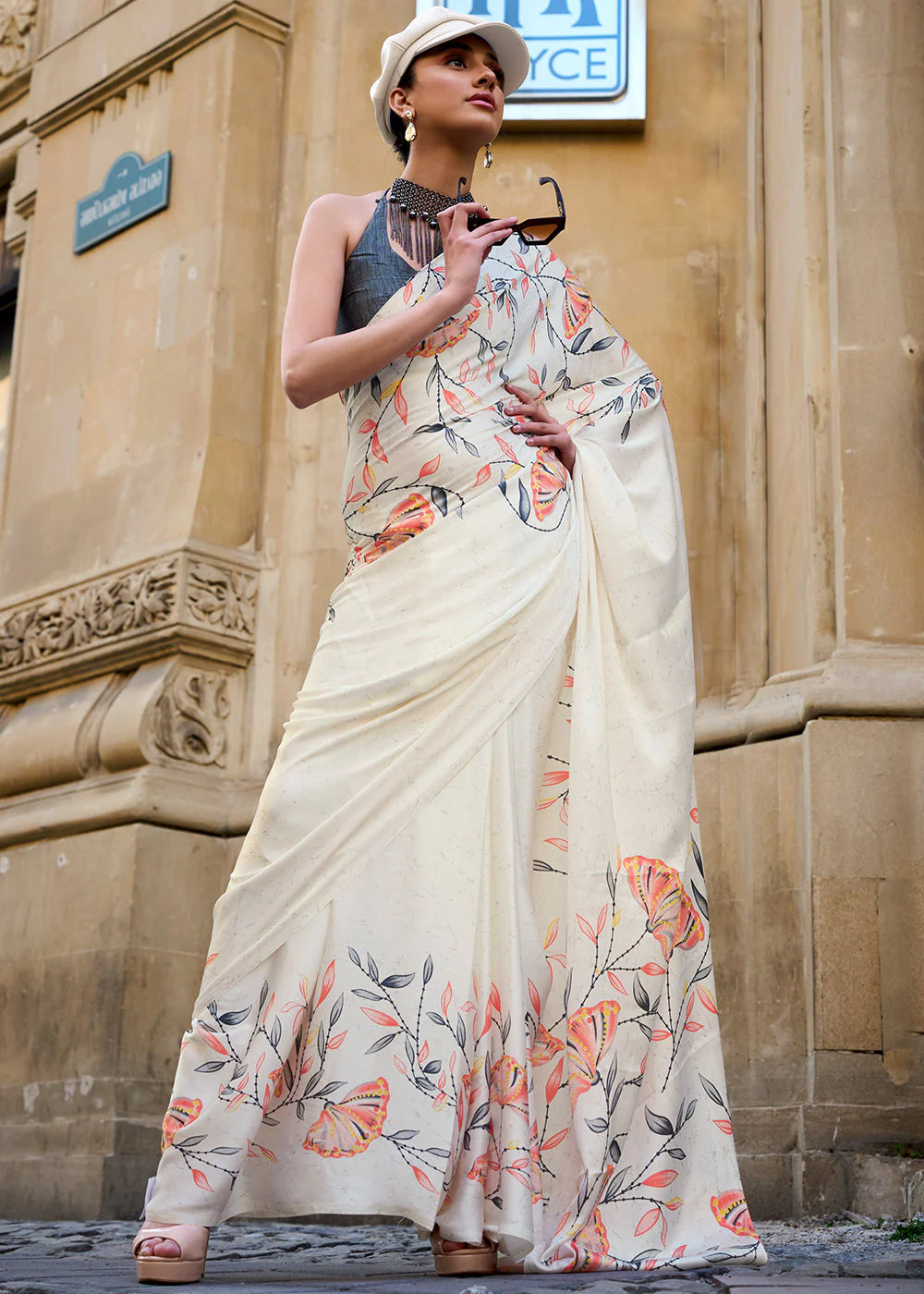 CREAM CONTEMPORARY PRINTED SATIN CREPE SAREE