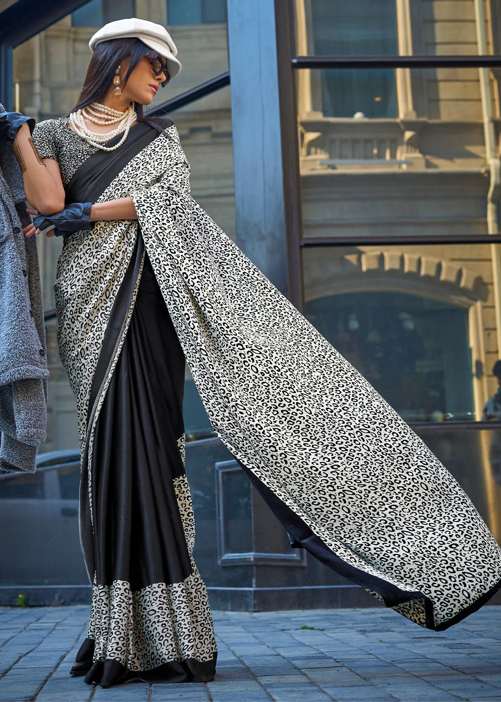 BLACK & WHITE CONTEMPORARY PRINTED SATIN CREPE SAREE