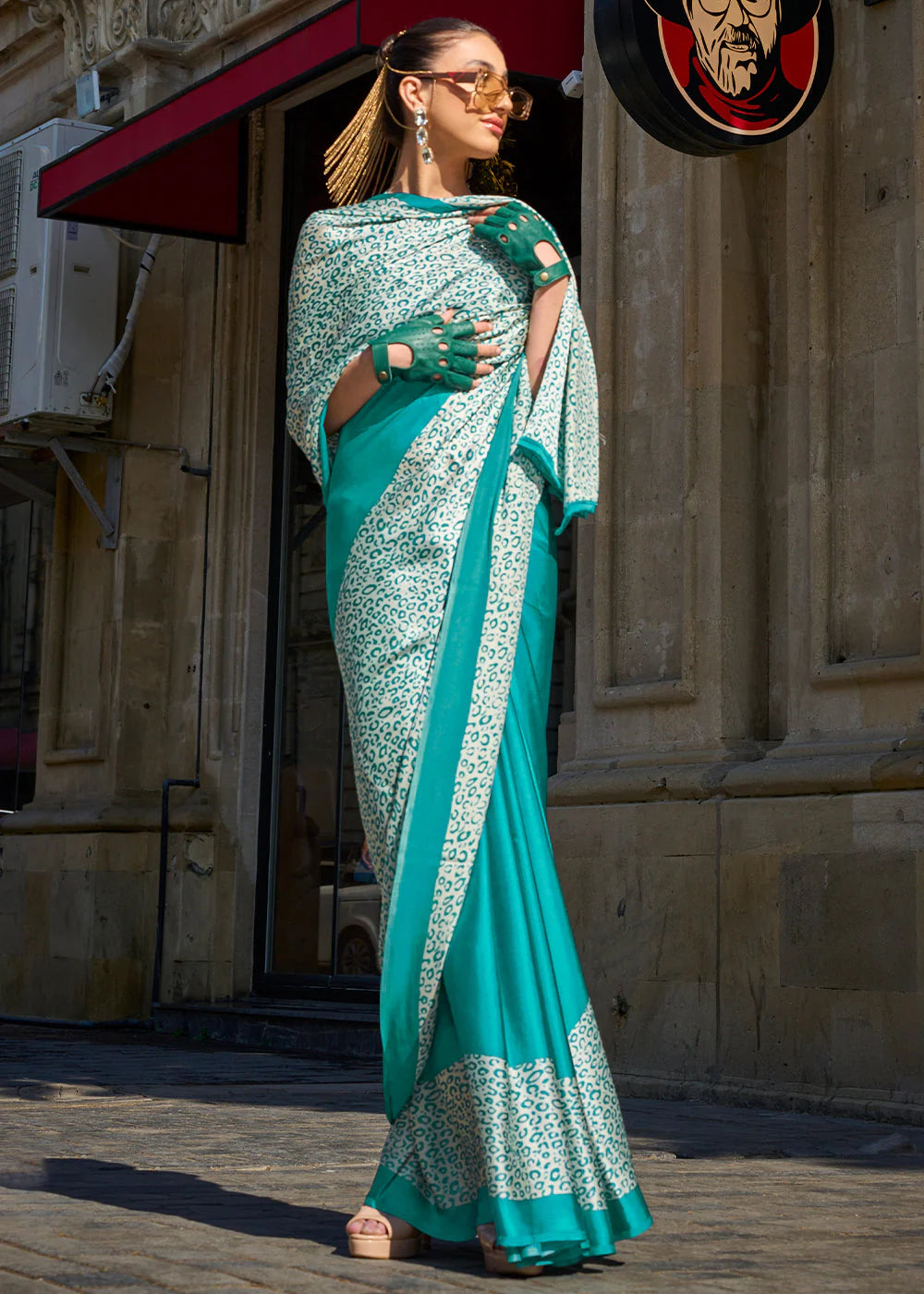 PEAR GREEN CONTEMPORARY PRINTED SATIN CREPE SAREE