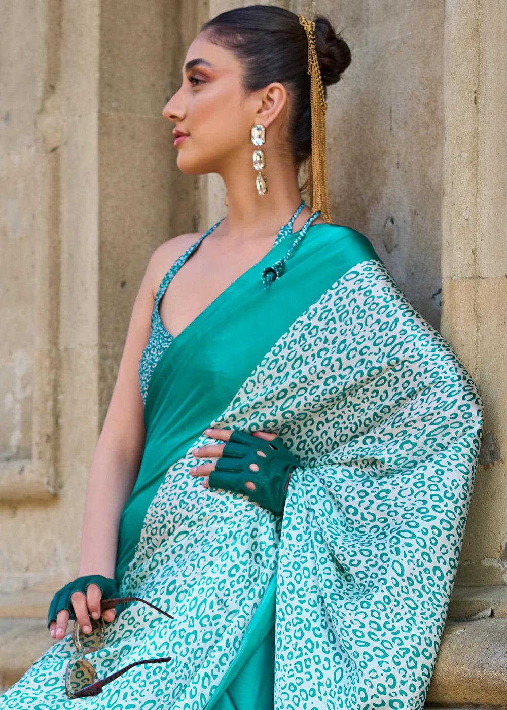 PEAR GREEN CONTEMPORARY PRINTED SATIN CREPE SAREE