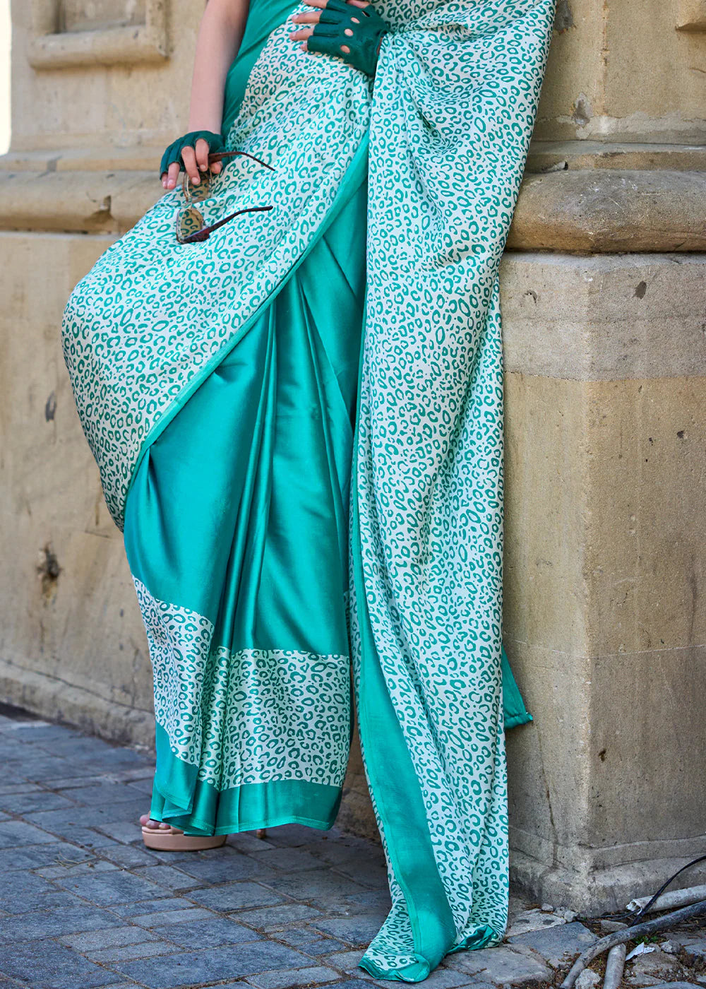 PEAR GREEN CONTEMPORARY PRINTED SATIN CREPE SAREE