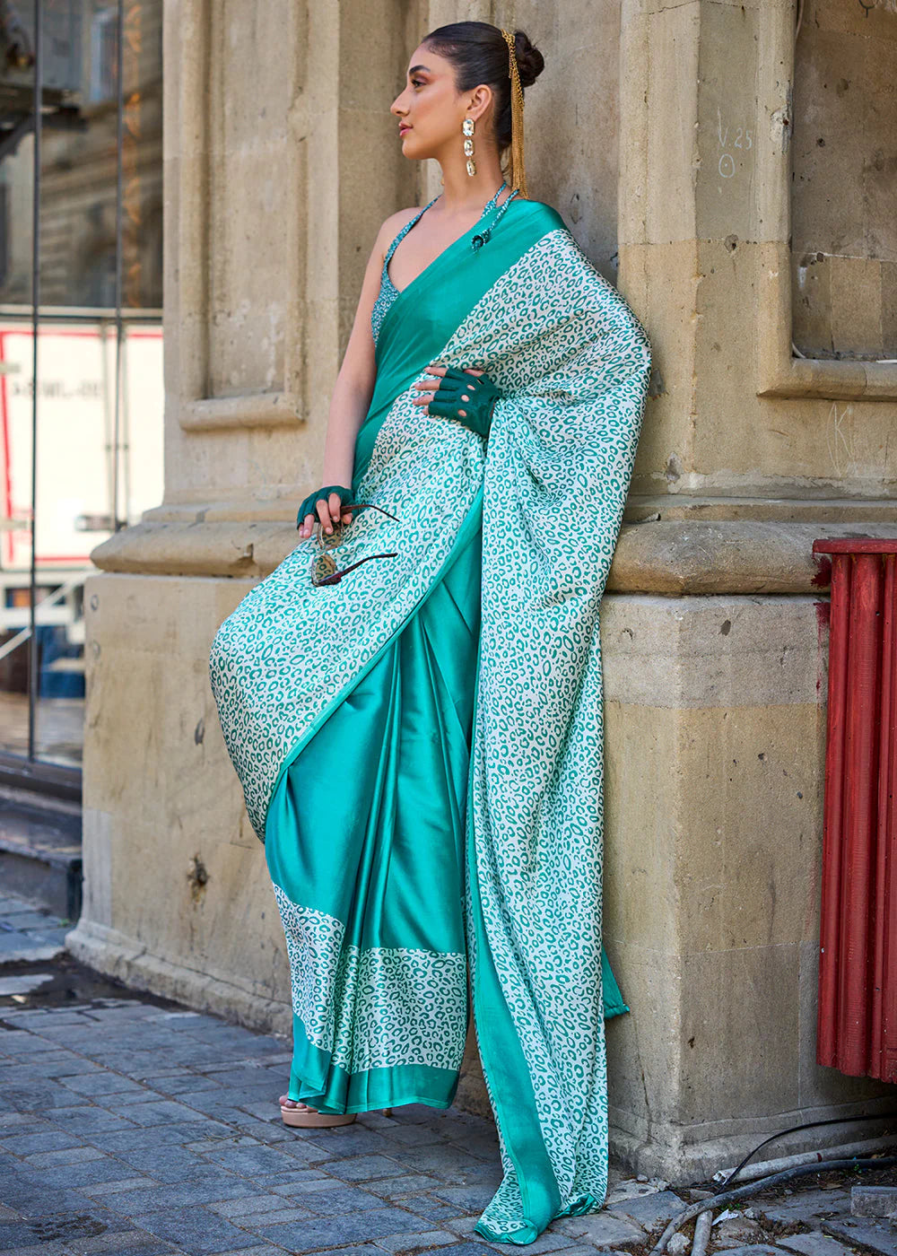 PEAR GREEN CONTEMPORARY PRINTED SATIN CREPE SAREE