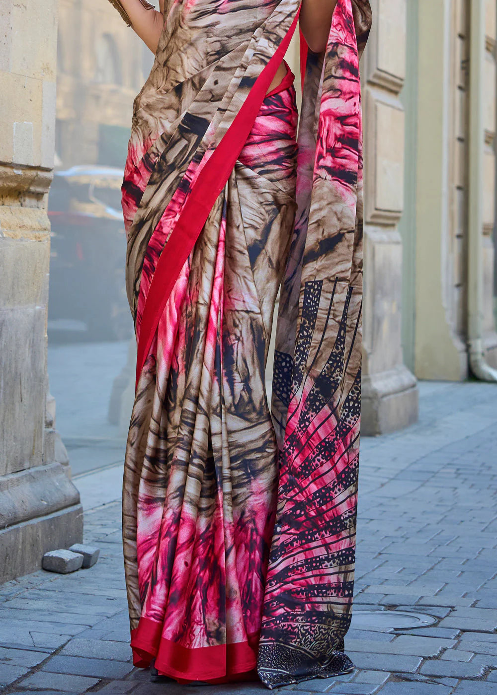 PINK & BROWN CONTEMPORARY PRINTED SATIN CREPE SAREE