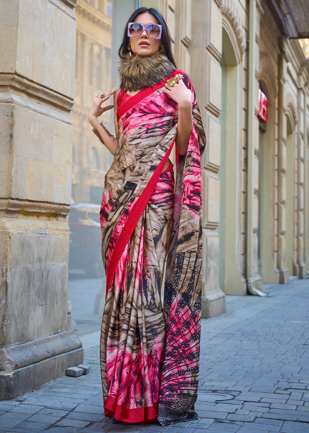 PINK & BROWN CONTEMPORARY PRINTED SATIN CREPE SAREE