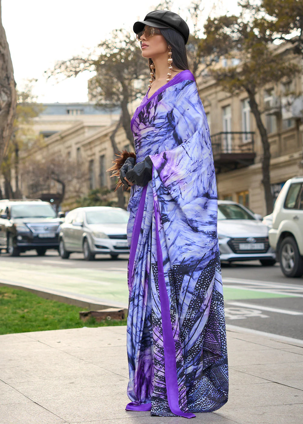 PURPLE CONTEMPORARY PRINTED SATIN CREPE SAREE