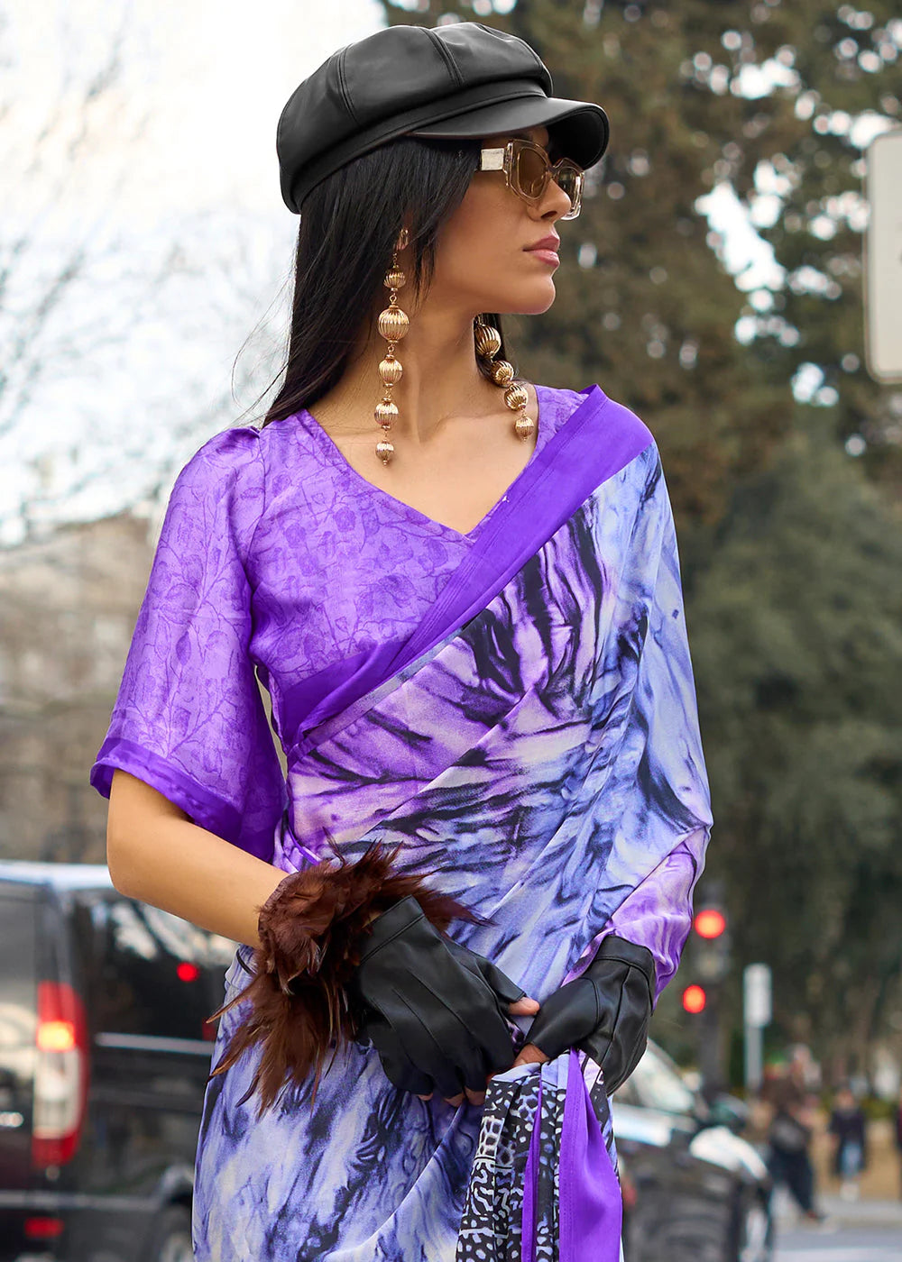 PURPLE CONTEMPORARY PRINTED SATIN CREPE SAREE