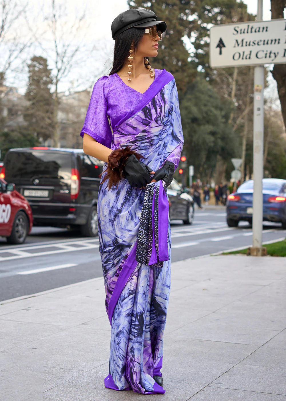 PURPLE CONTEMPORARY PRINTED SATIN CREPE SAREE