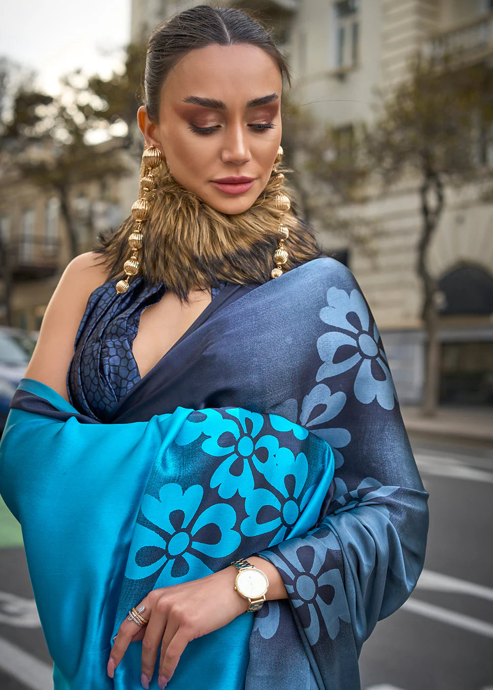 BLACK & BLUE CONTEMPORARY PRINTED SATIN CREPE SAREE