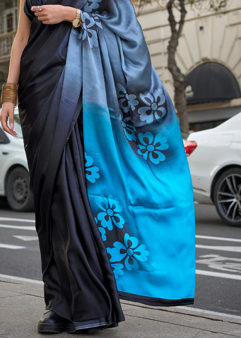 BLACK & BLUE CONTEMPORARY PRINTED SATIN CREPE SAREE