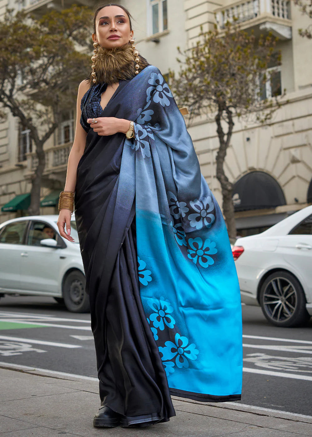 BLACK & BLUE CONTEMPORARY PRINTED SATIN CREPE SAREE