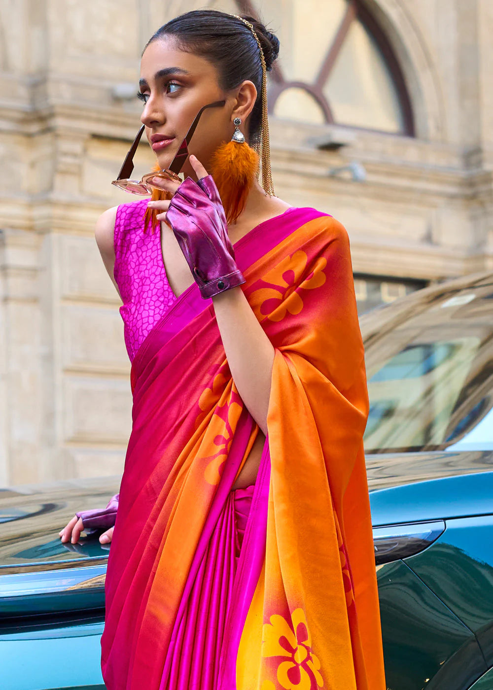 HOT PINK & ORANGE CONTEMPORARY PRINTED SATIN CREPE SAREE