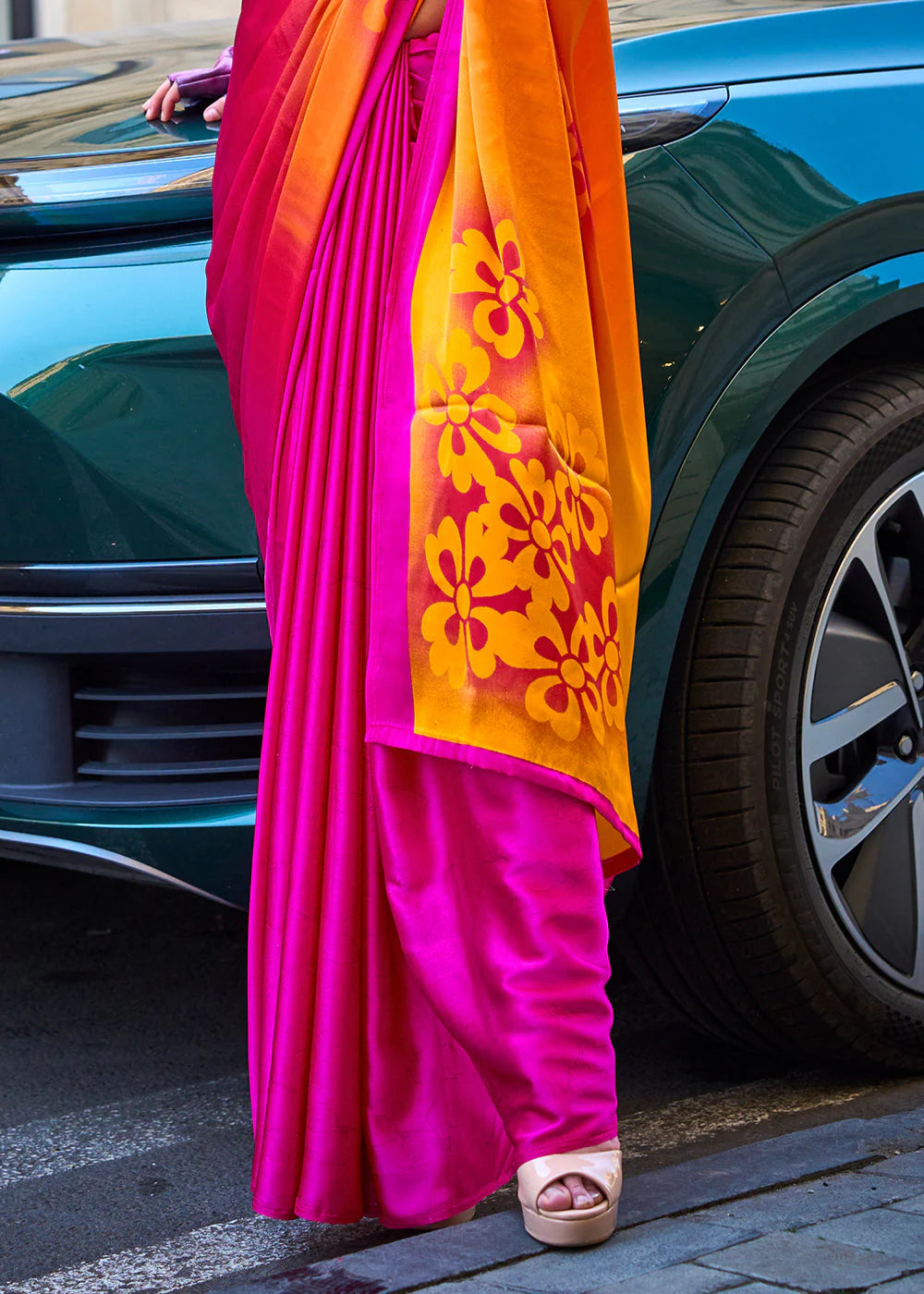 HOT PINK & ORANGE CONTEMPORARY PRINTED SATIN CREPE SAREE