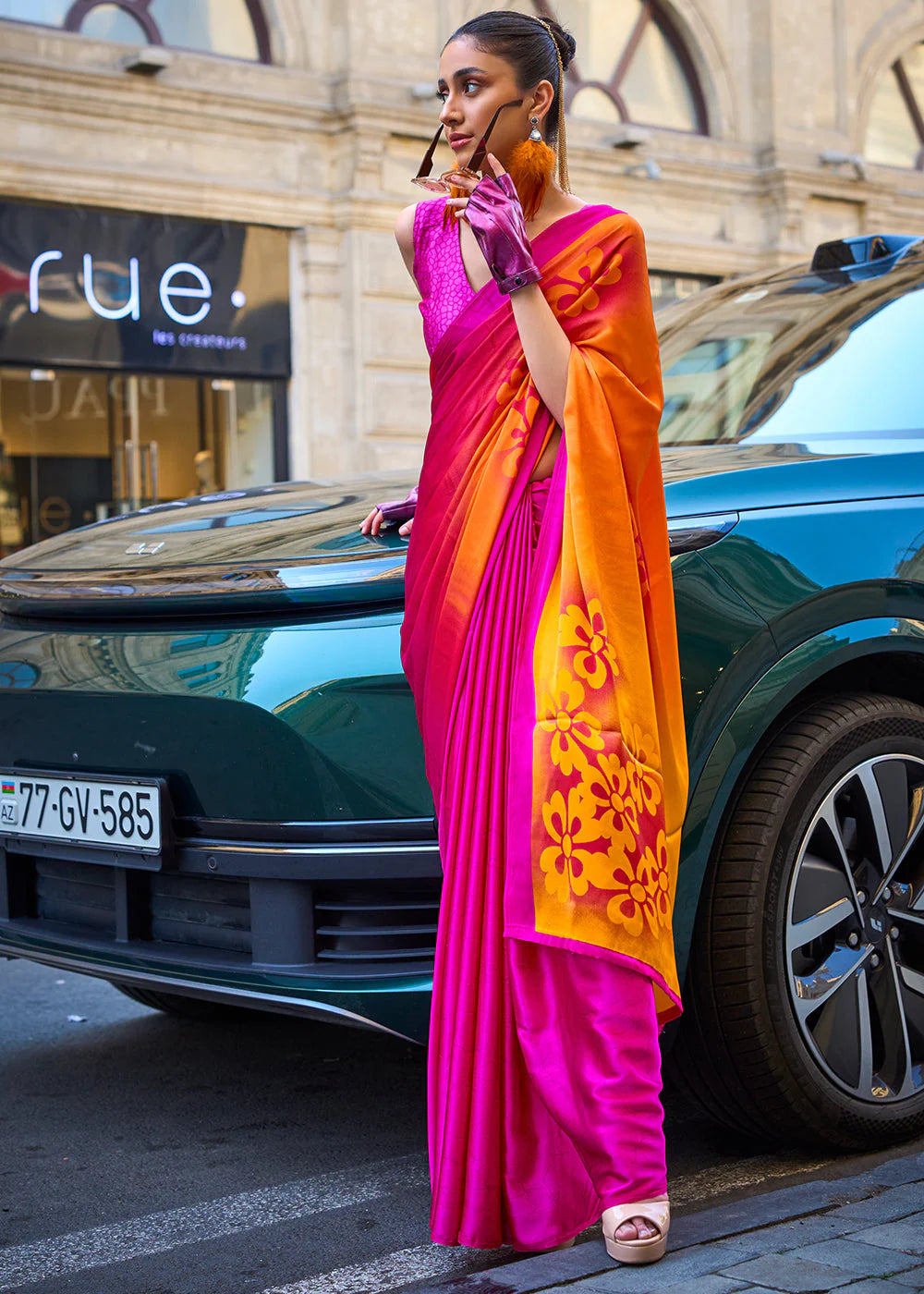 HOT PINK & ORANGE CONTEMPORARY PRINTED SATIN CREPE SAREE