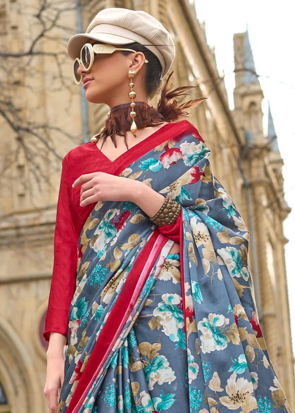 BLUE & READ CONTEMPORARY PRINTED SATIN CREPE SAREE