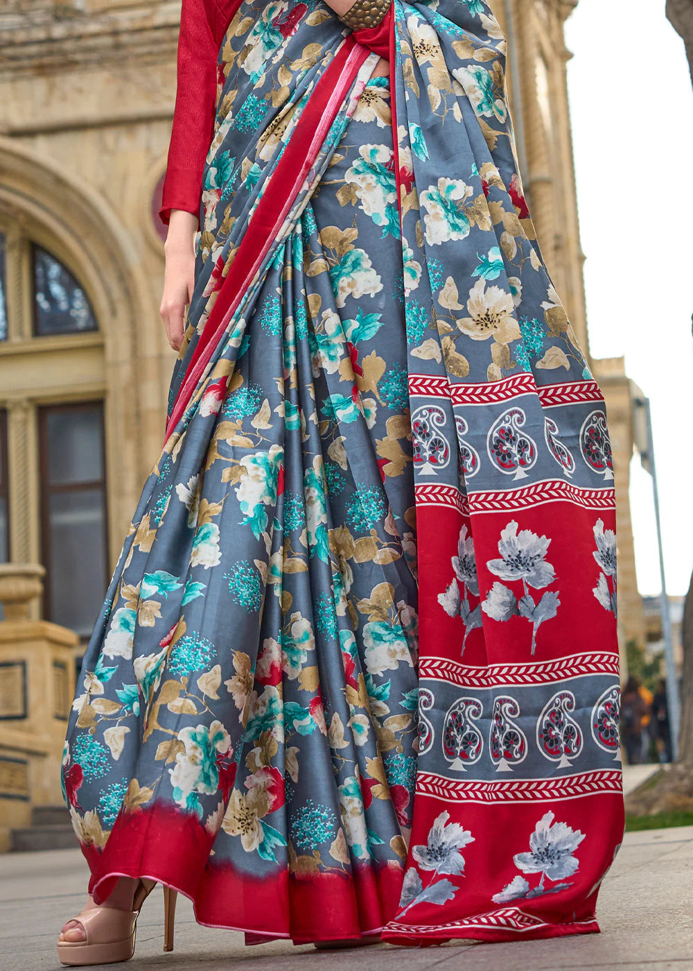 BLUE & READ CONTEMPORARY PRINTED SATIN CREPE SAREE