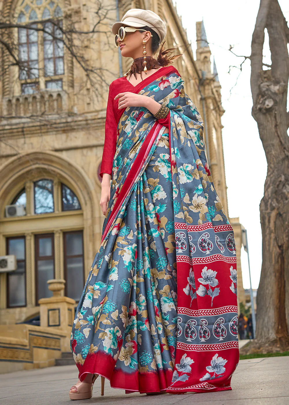 BLUE & READ CONTEMPORARY PRINTED SATIN CREPE SAREE