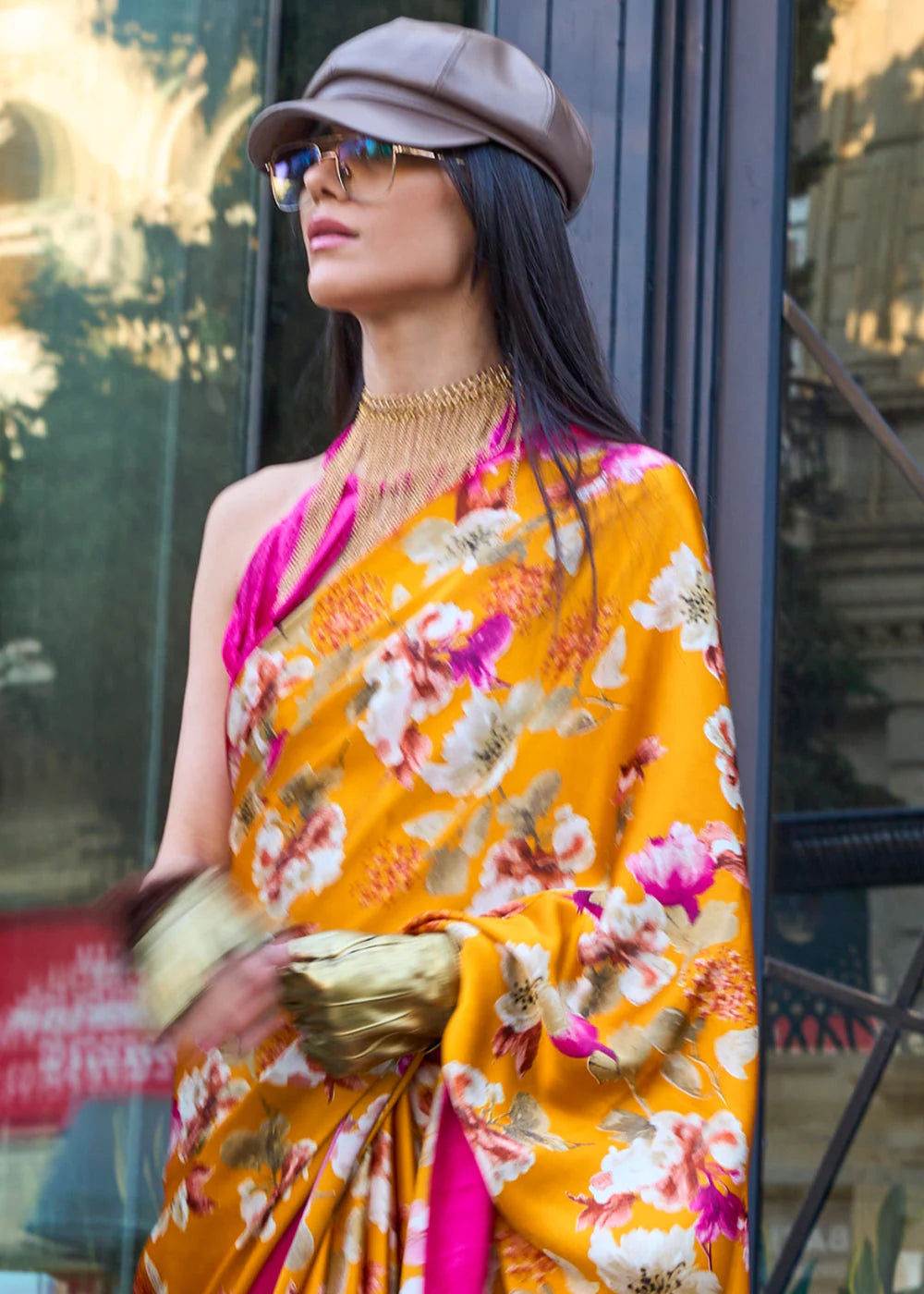 SHADES OF YELLOW CONTEMPORARY PRINTED SATIN CREPE SAREE