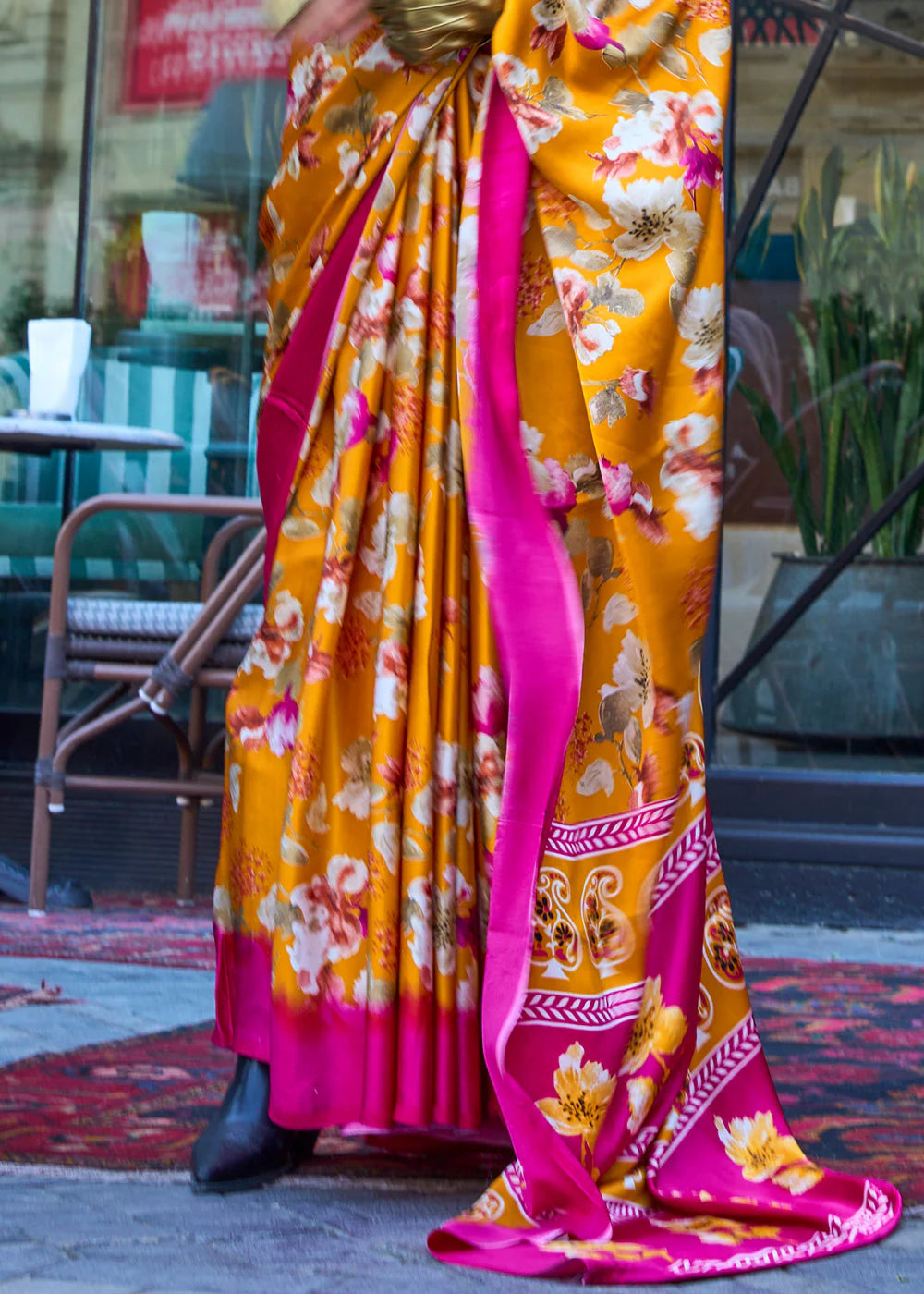 SHADES OF YELLOW CONTEMPORARY PRINTED SATIN CREPE SAREE