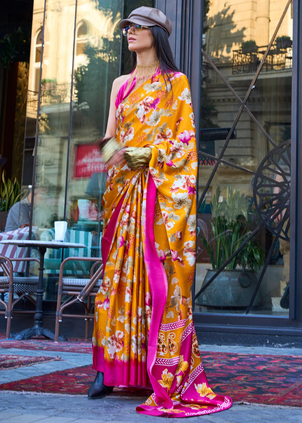 SHADES OF YELLOW CONTEMPORARY PRINTED SATIN CREPE SAREE