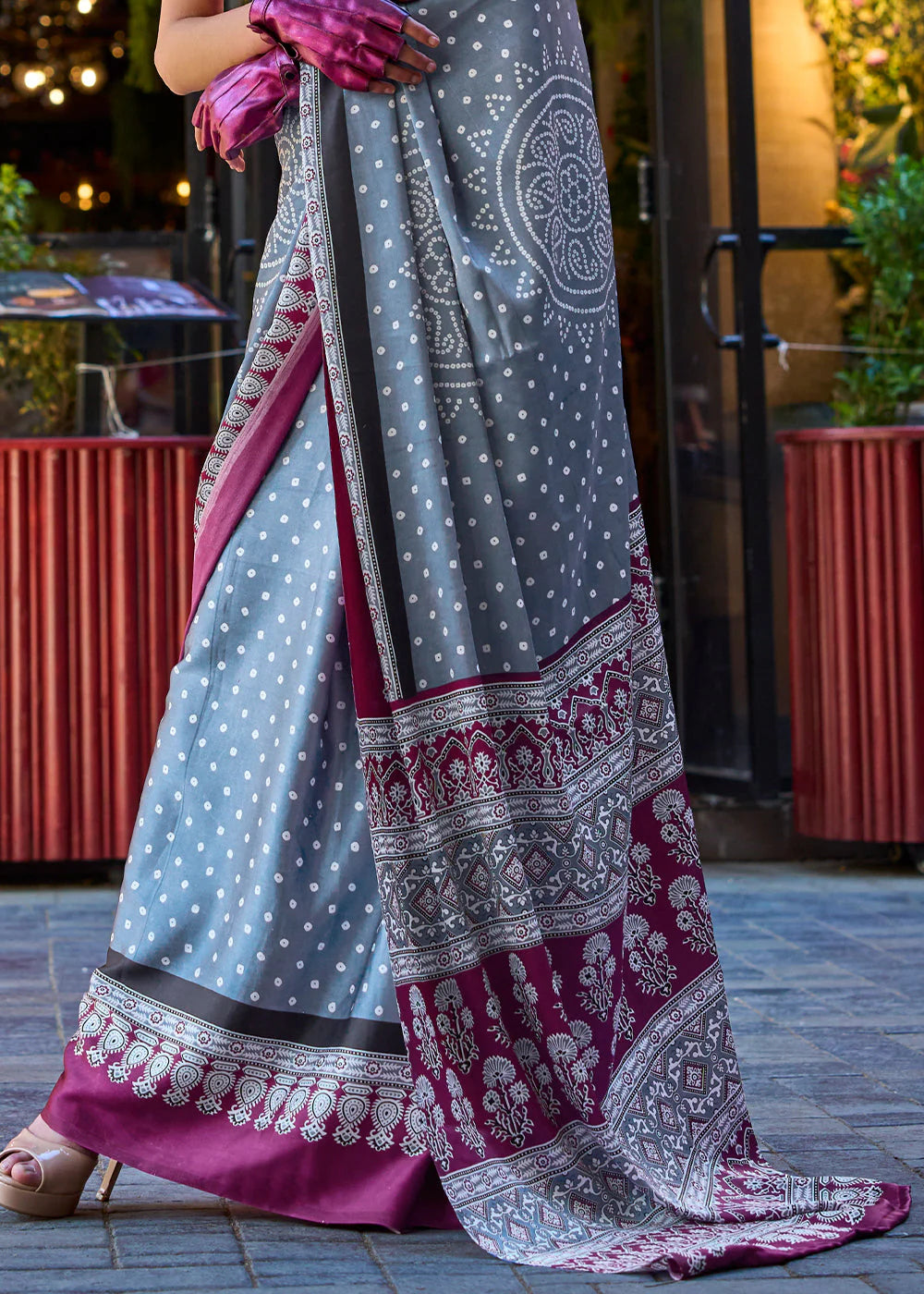 ANCHOR GREY CONTEMPORARY PRINTED SATIN CREPE SAREE