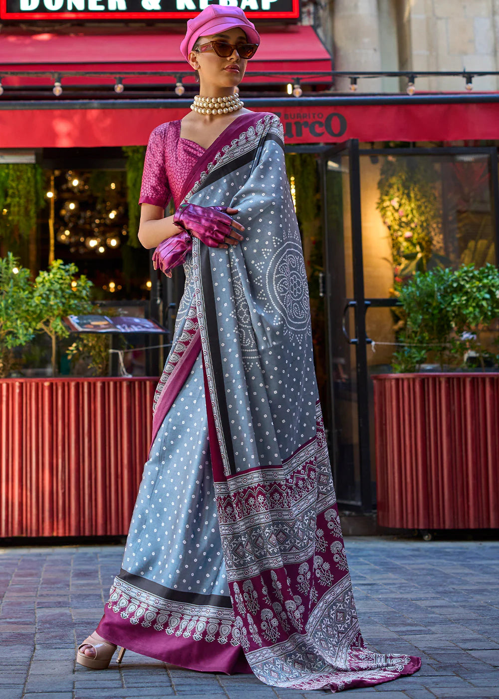 ANCHOR GREY CONTEMPORARY PRINTED SATIN CREPE SAREE