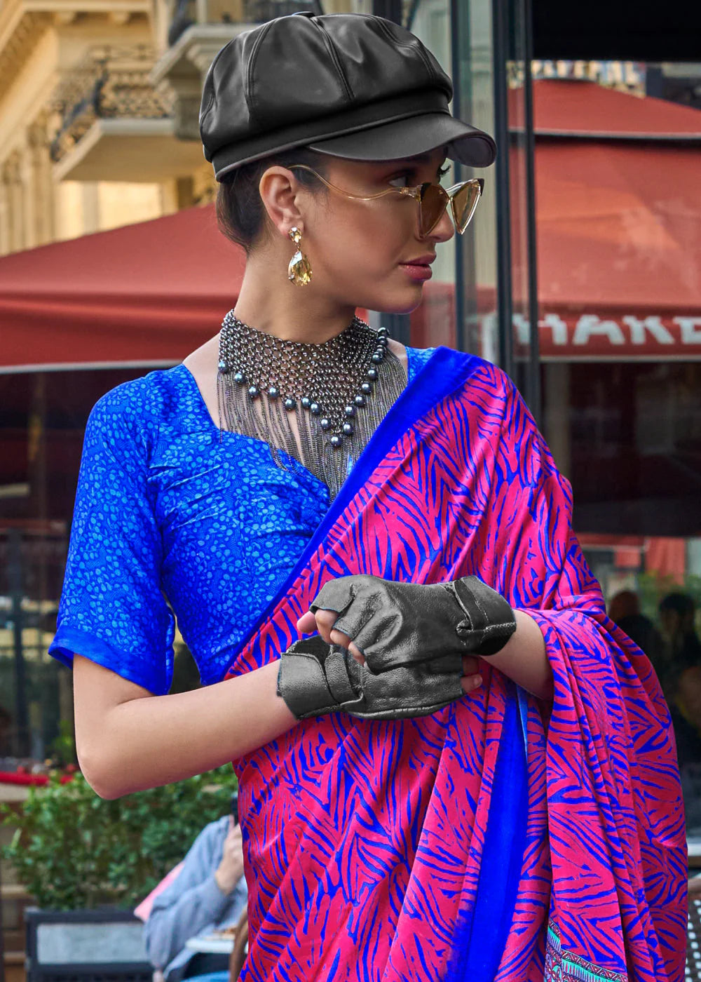 PINK & BLUE CONTEMPORARY PRINTED SATIN CREPE SAREE