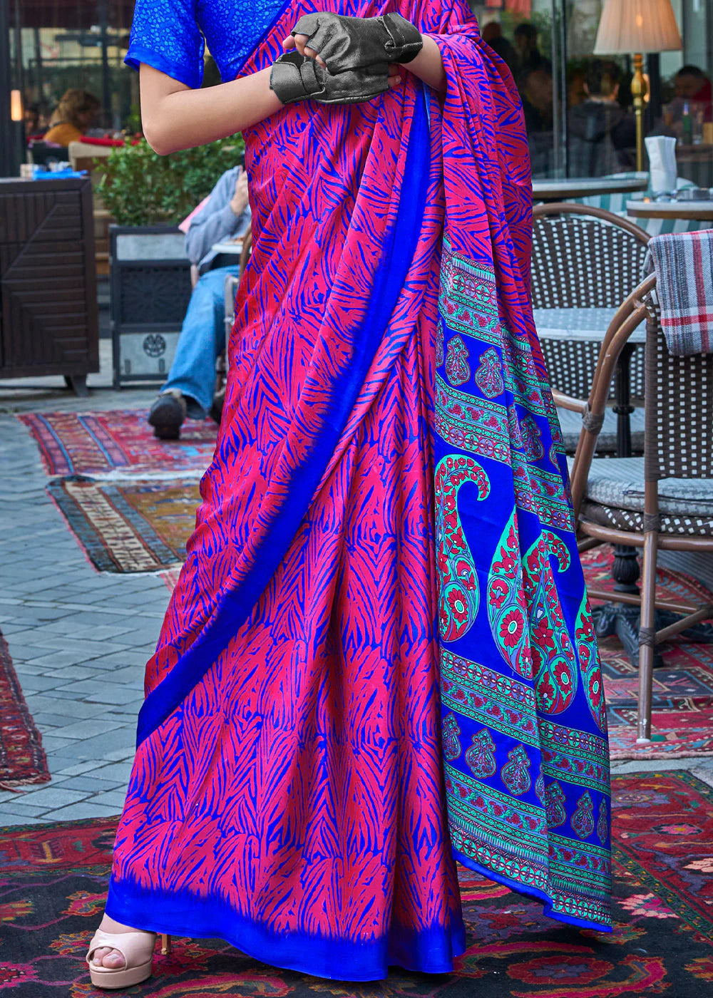 PINK & BLUE CONTEMPORARY PRINTED SATIN CREPE SAREE