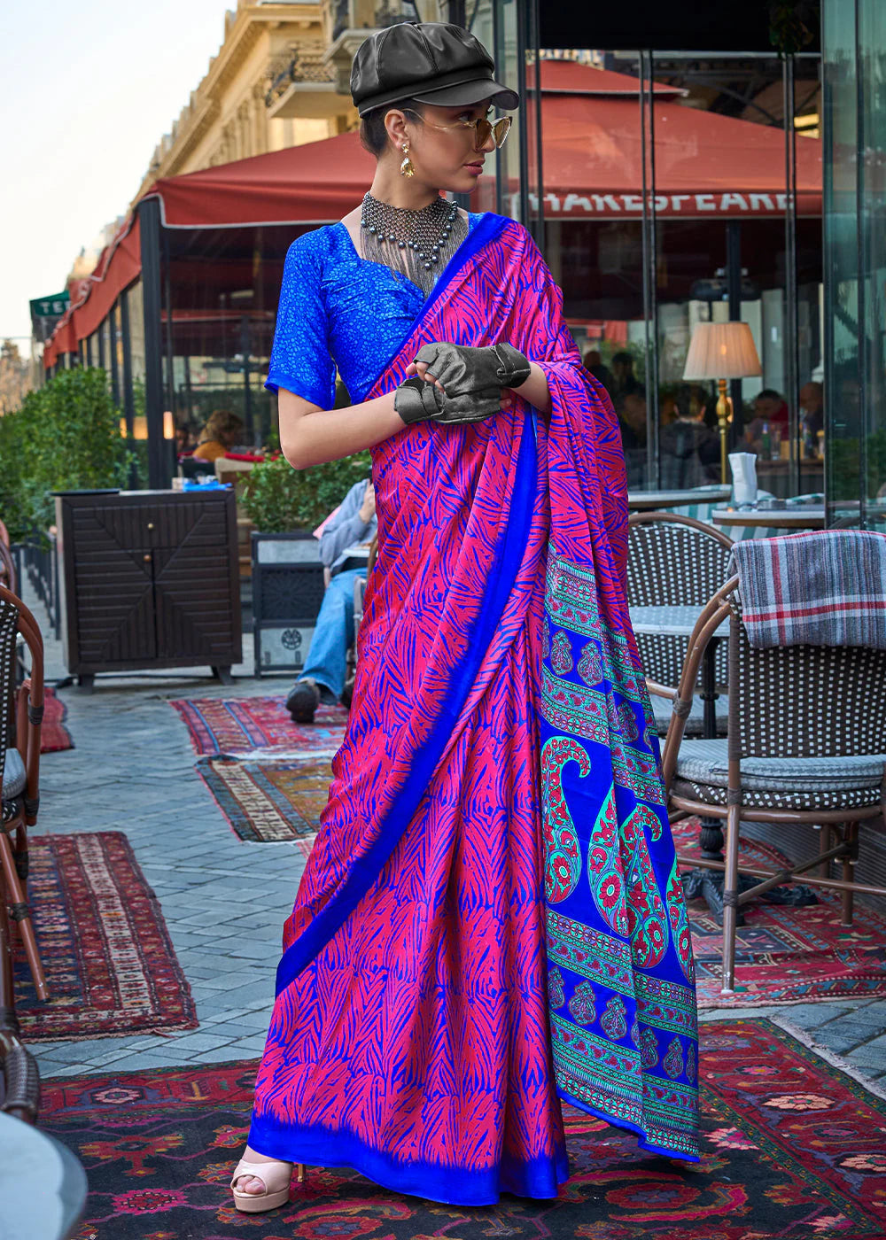 PINK & BLUE CONTEMPORARY PRINTED SATIN CREPE SAREE