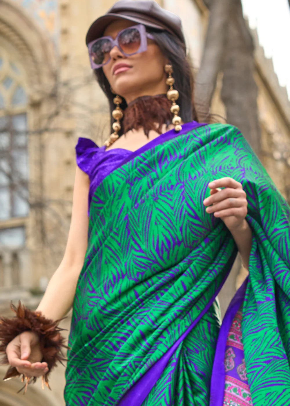 CARIBBEAN GREEN CONTEMPORARY PRINTED SATIN CREPE SAREE