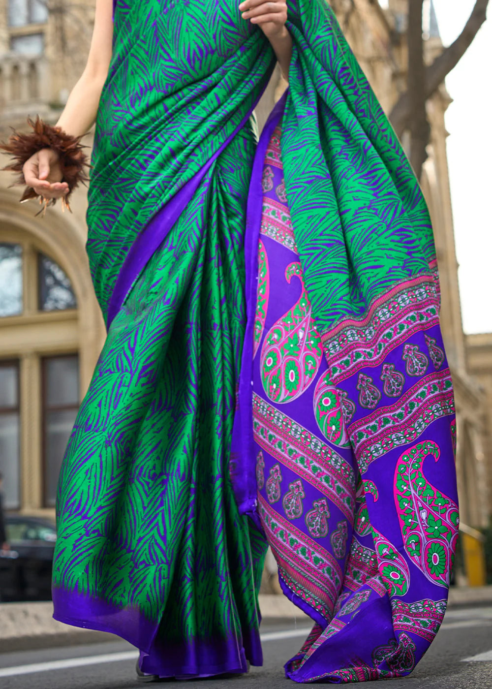 CARIBBEAN GREEN CONTEMPORARY PRINTED SATIN CREPE SAREE