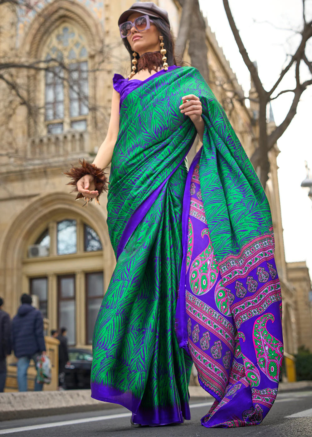 CARIBBEAN GREEN CONTEMPORARY PRINTED SATIN CREPE SAREE