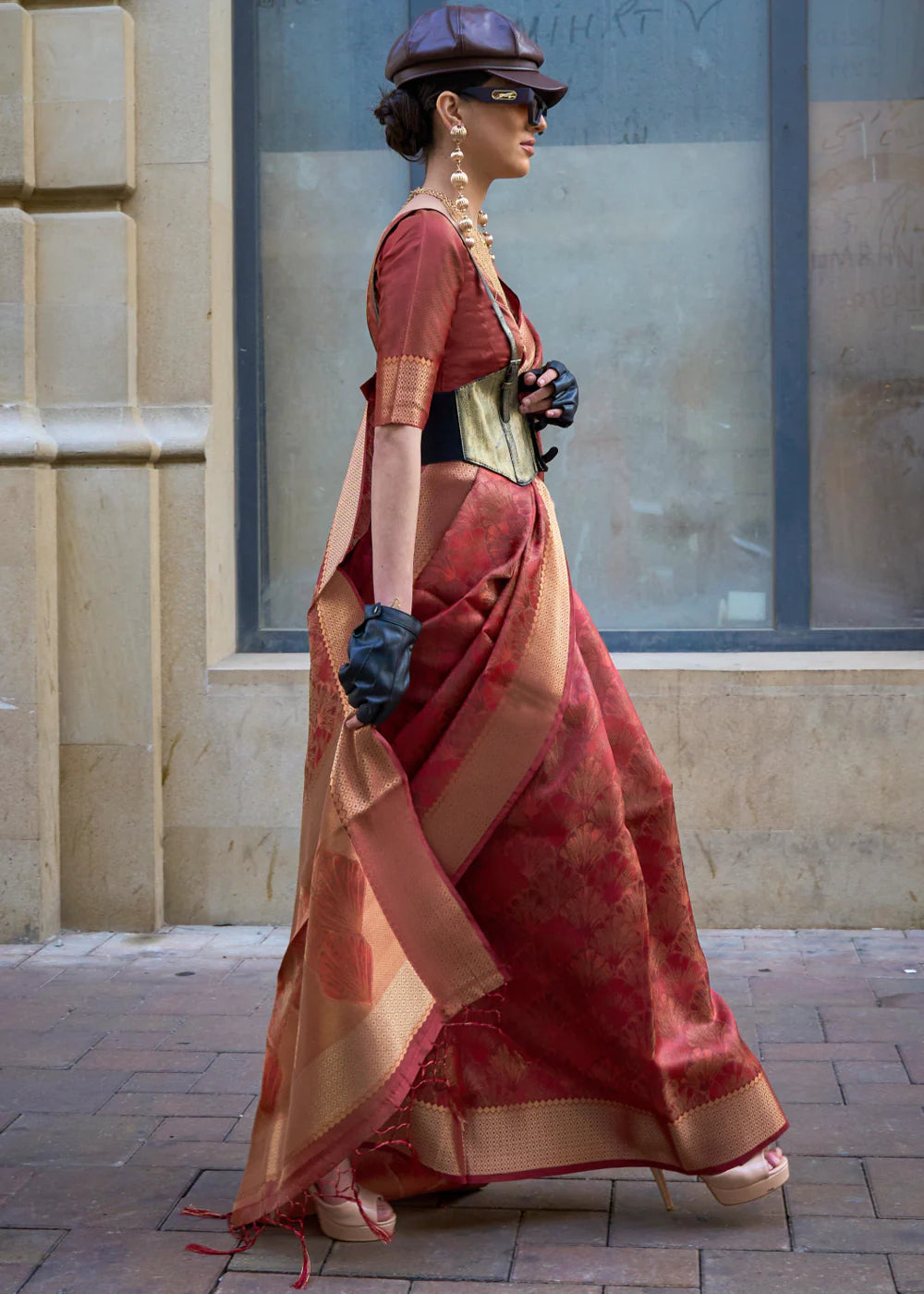 WOOD BROWN Handwoven two tone organza SAREE