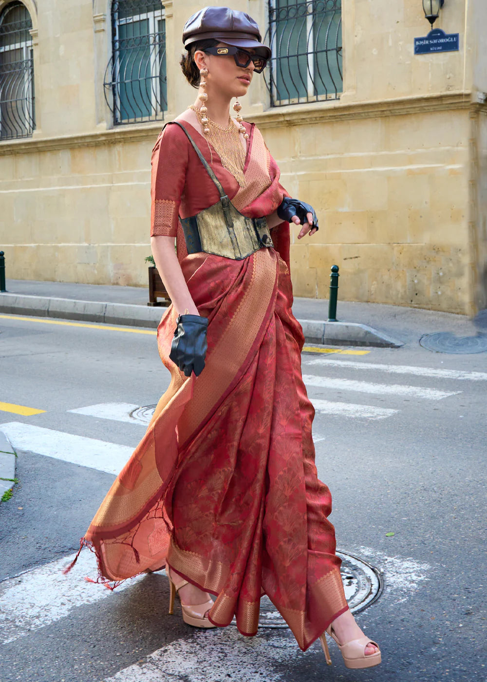 WOOD BROWN Handwoven two tone organza SAREE