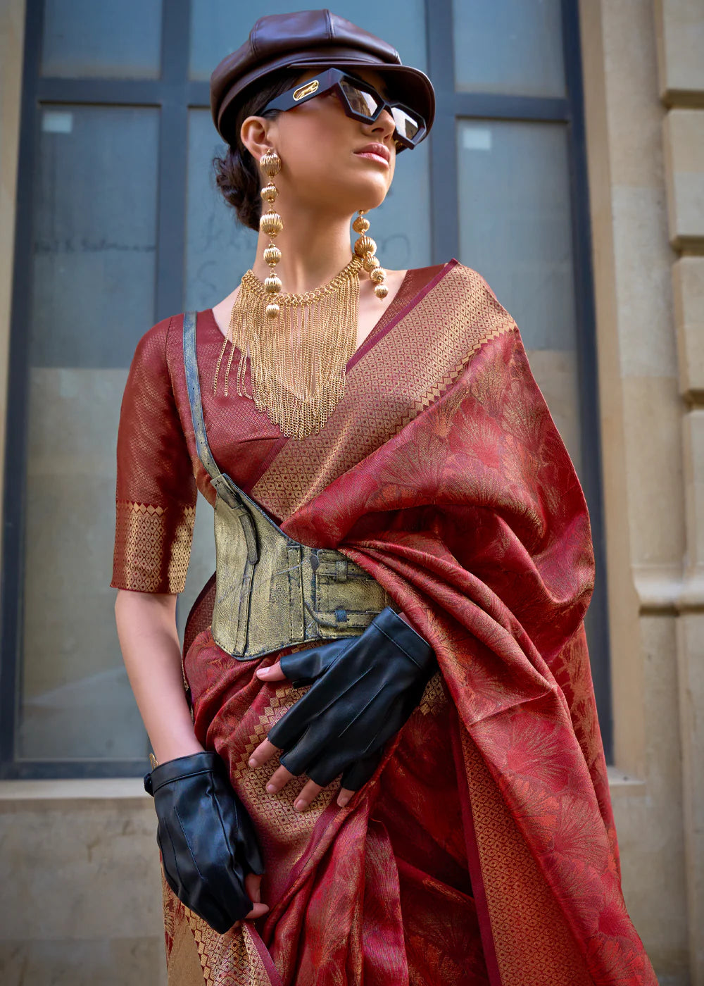 WOOD BROWN Handwoven two tone organza SAREE