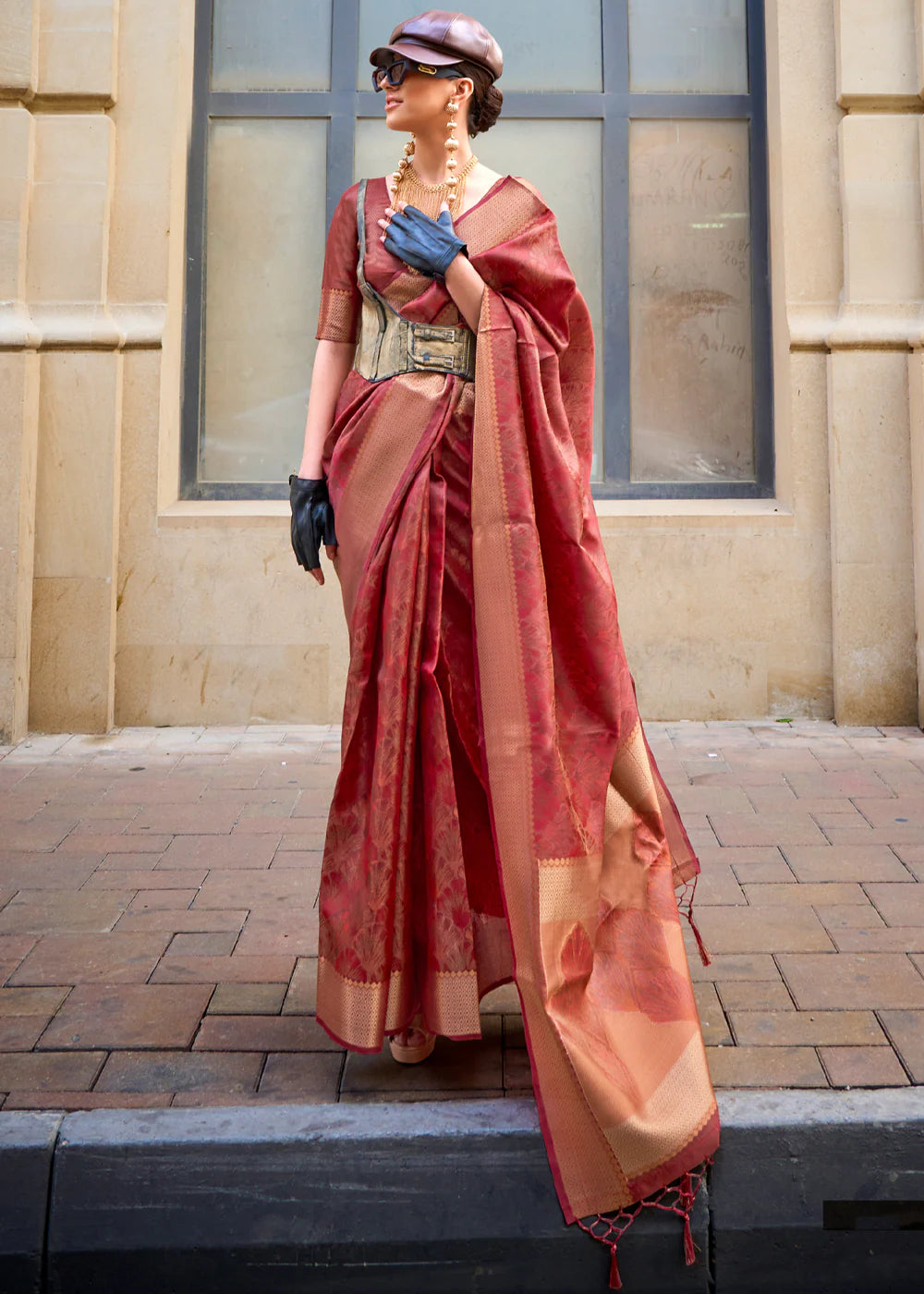 WOOD BROWN Handwoven two tone organza SAREE