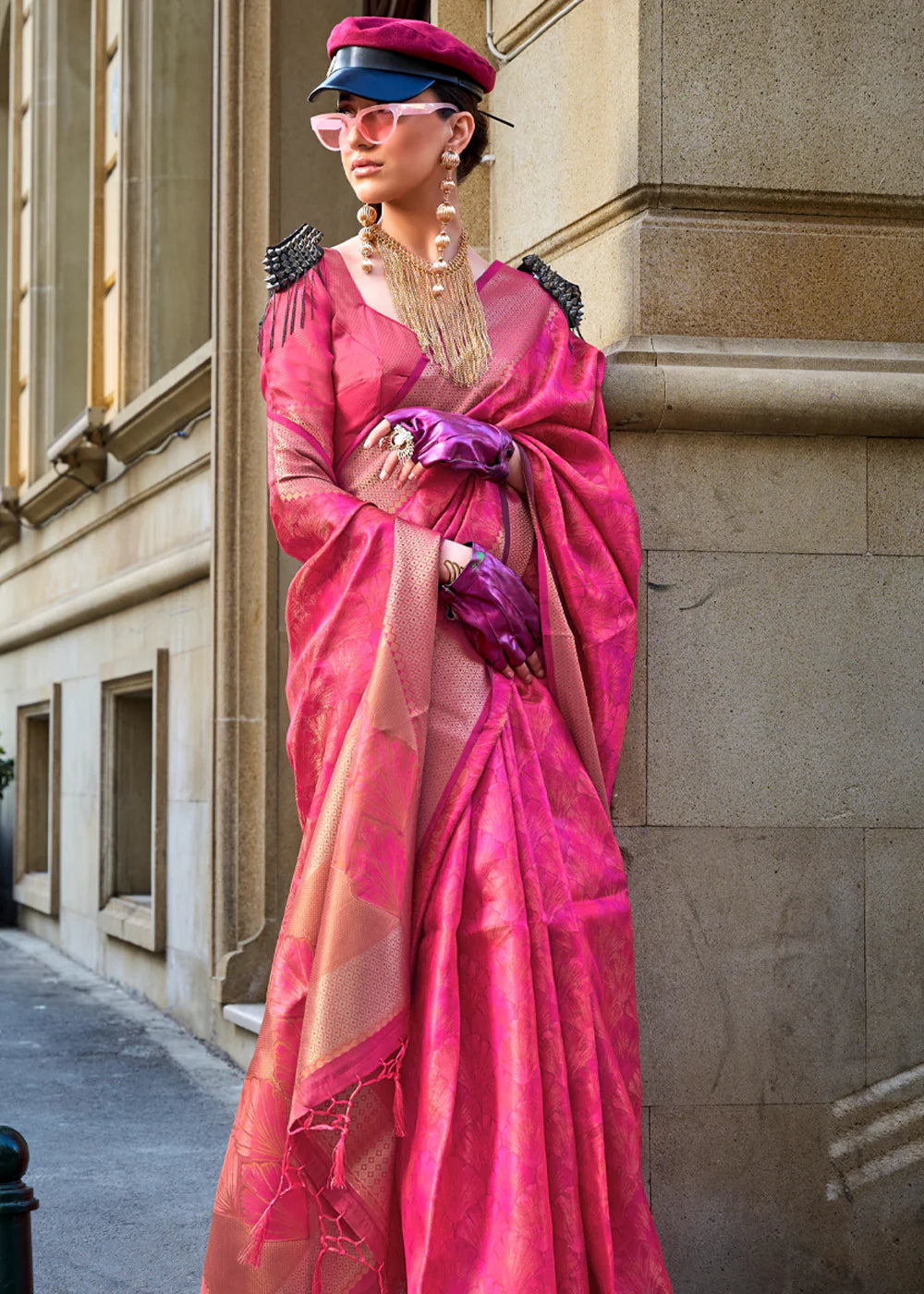 RASPBERRY PINK Handwoven two tone organza SAREE