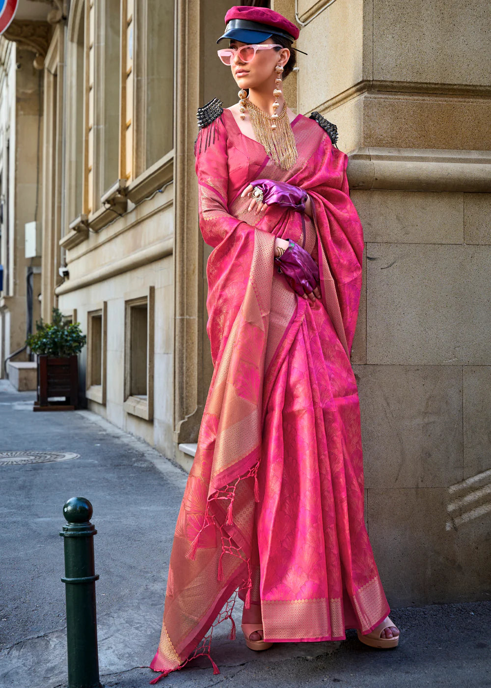 RASPBERRY PINK Handwoven two tone organza SAREE