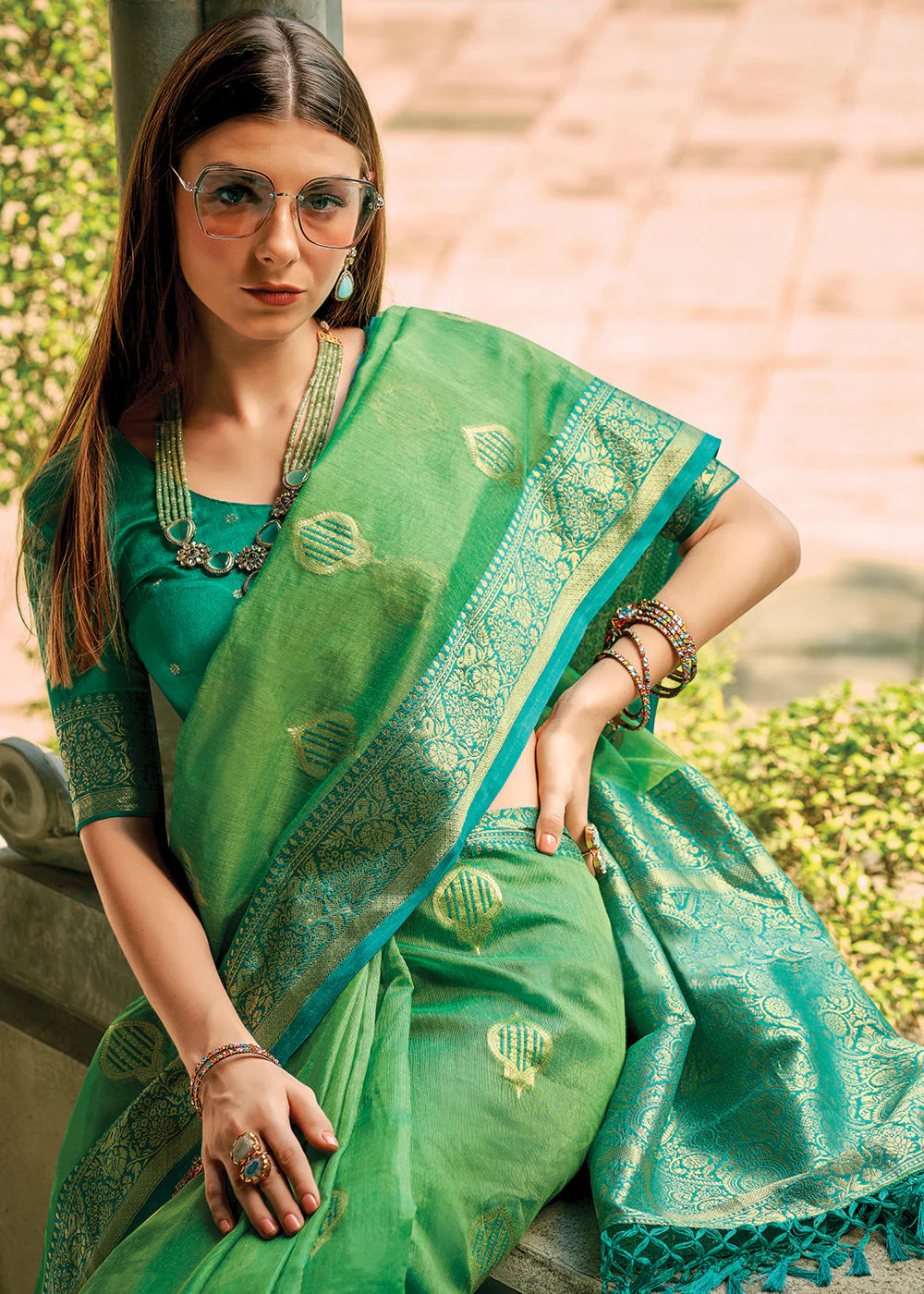 FERN GREEN WOVEN BANARASI TISSUE SILK SAREE