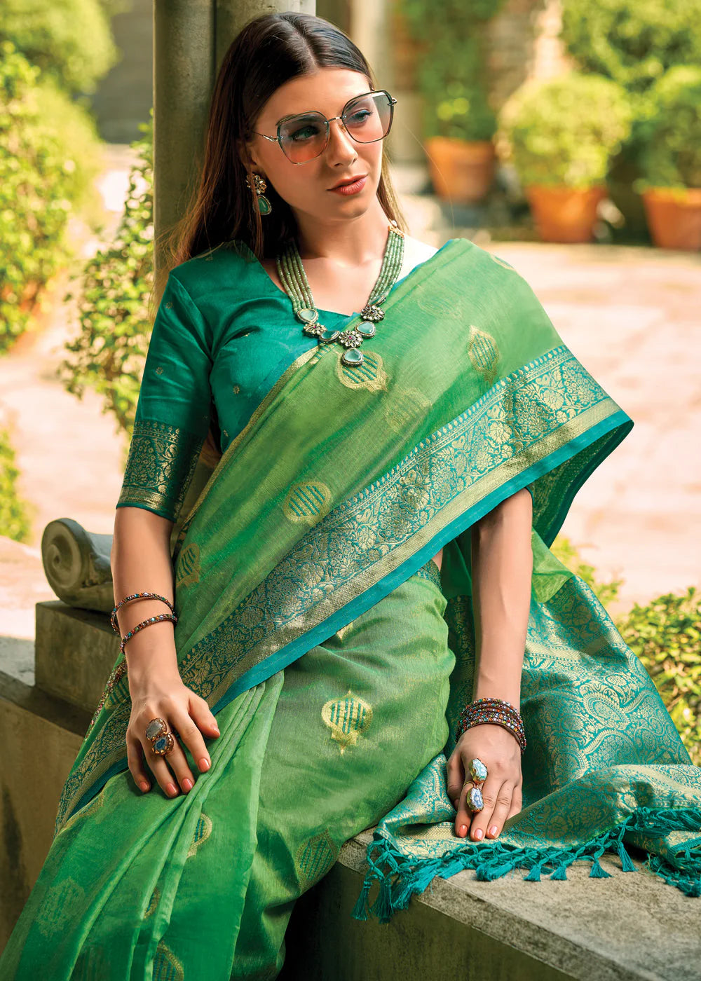 FERN GREEN WOVEN BANARASI TISSUE SILK SAREE