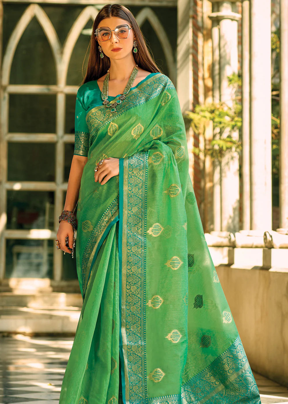 FERN GREEN WOVEN BANARASI TISSUE SILK SAREE